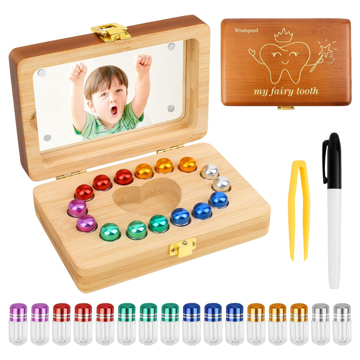 Windspeed tooth box with 16 sealed tubes keeps baby teeth organized and protected.