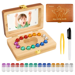 Windspeed tooth box with 16 sealed tubes keeps baby teeth organized and protected.