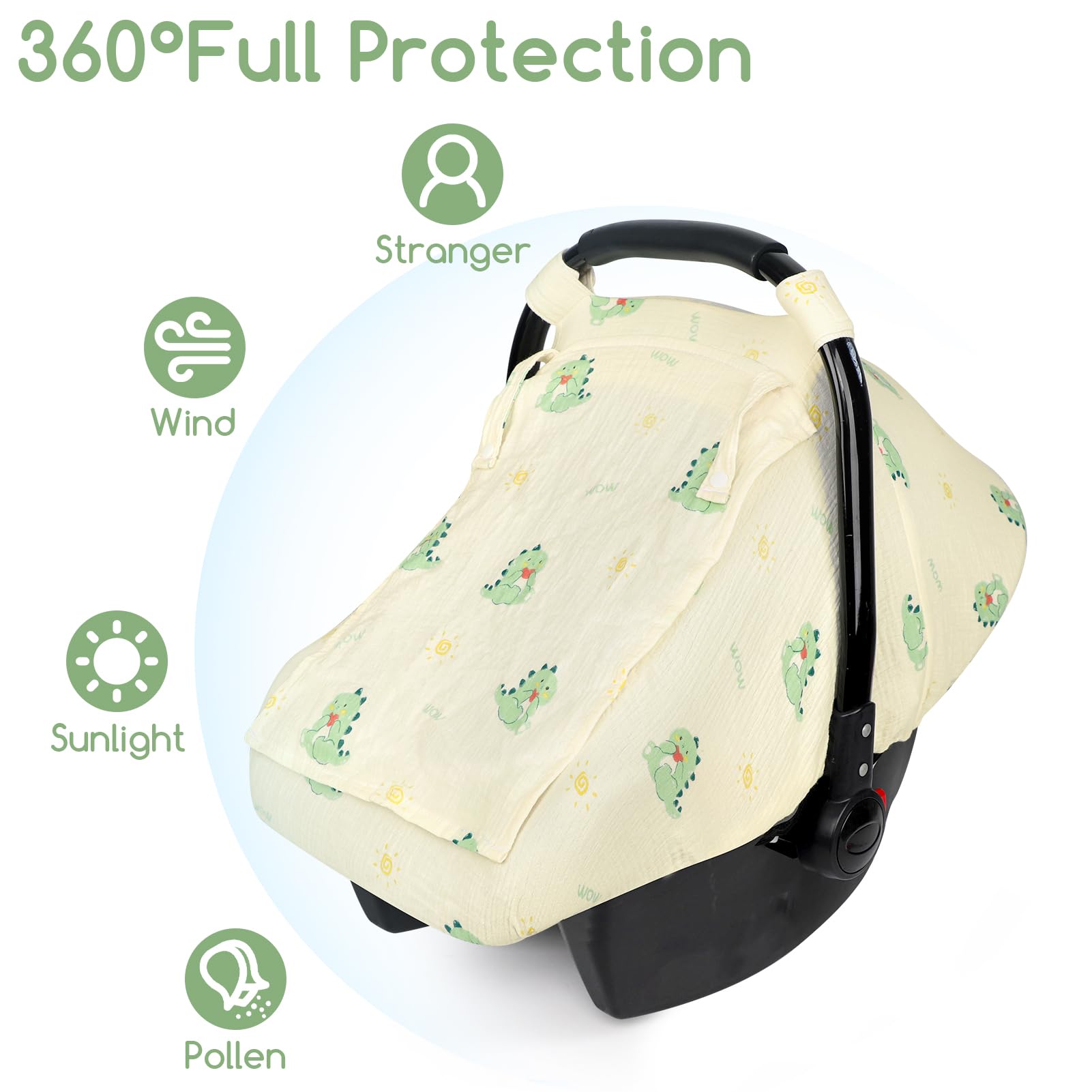 WINGHENLEE car seat canopy in green dinosaur with zippered mesh window for airflow