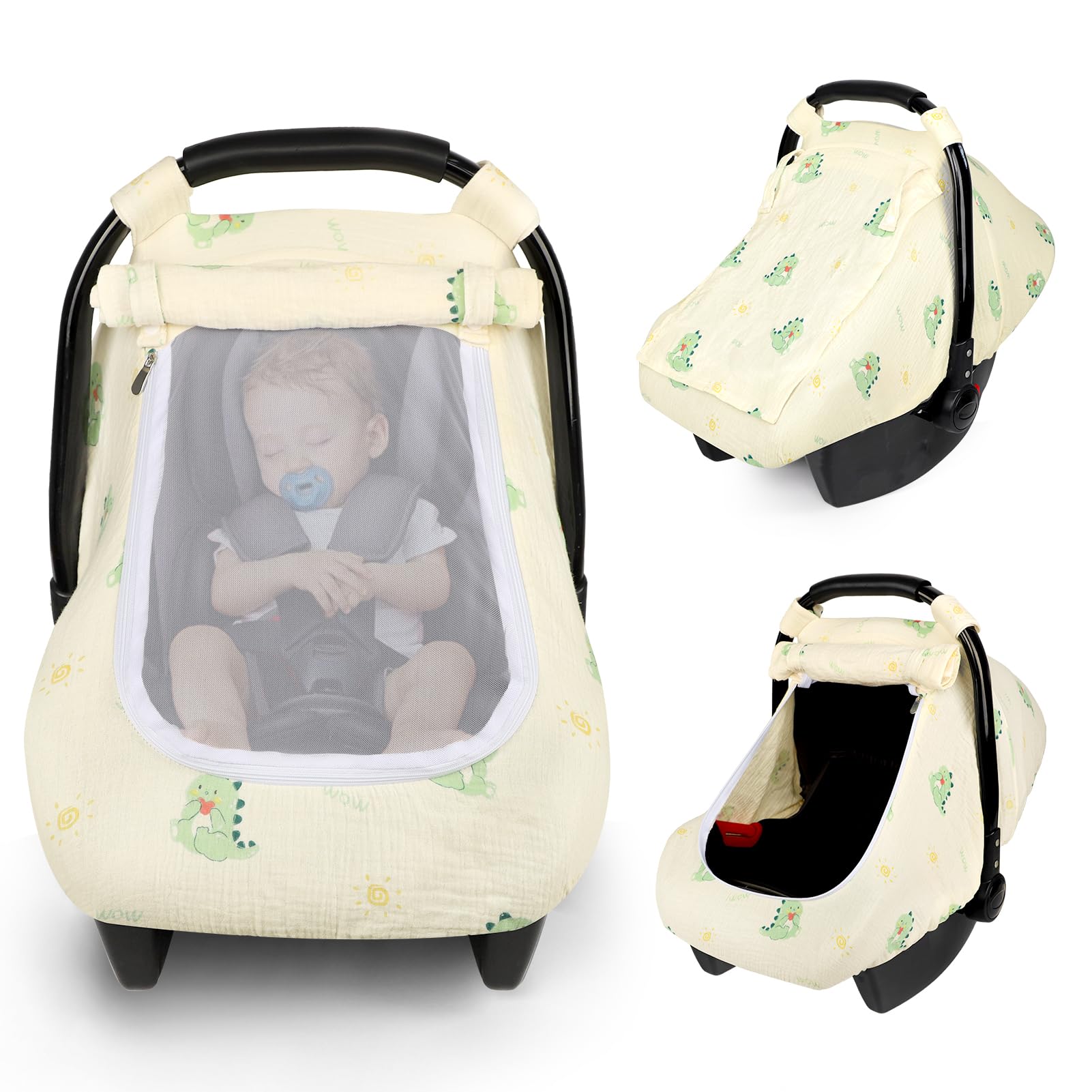 Winghenlee muslin car seat cover with breathable mesh keeps baby comfortable on the go
