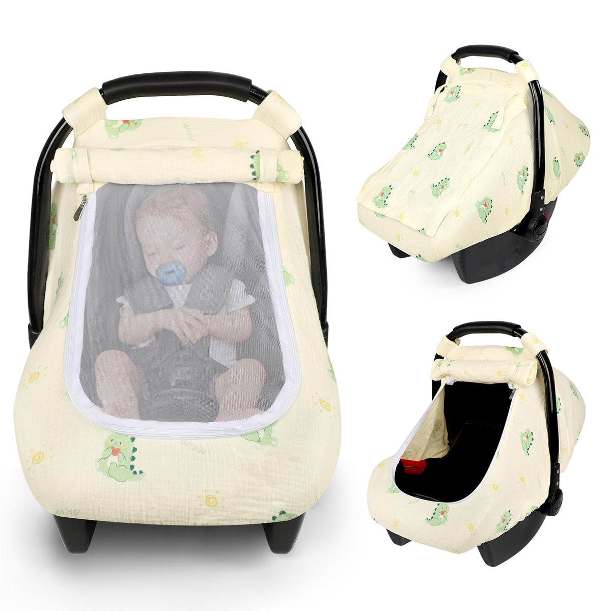 Winghenlee muslin car seat cover with breathable mesh keeps baby comfortable on the go