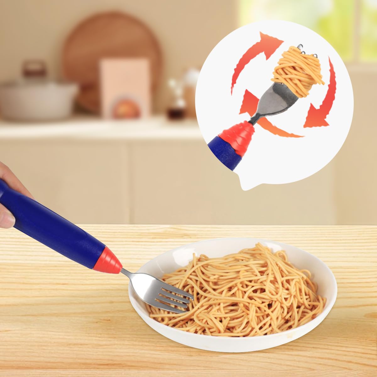 Wingosoph electric twirling fork close-up highlights kid-friendly design.