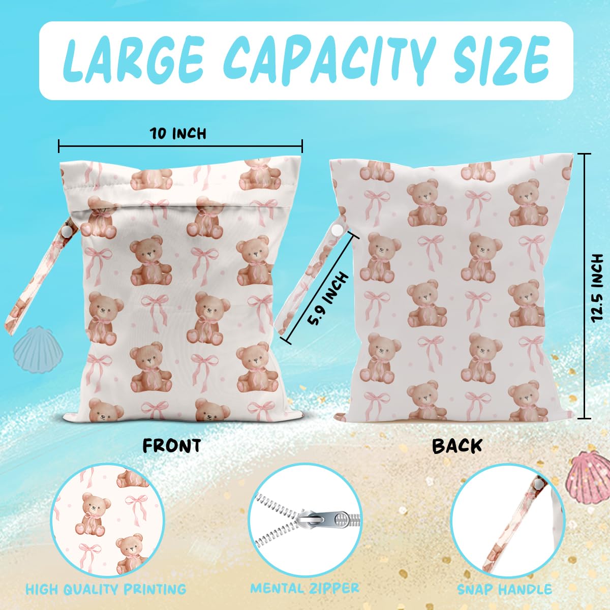 WINGTECA wet bag 12.5 x 10 inches fits diapers and wet items.