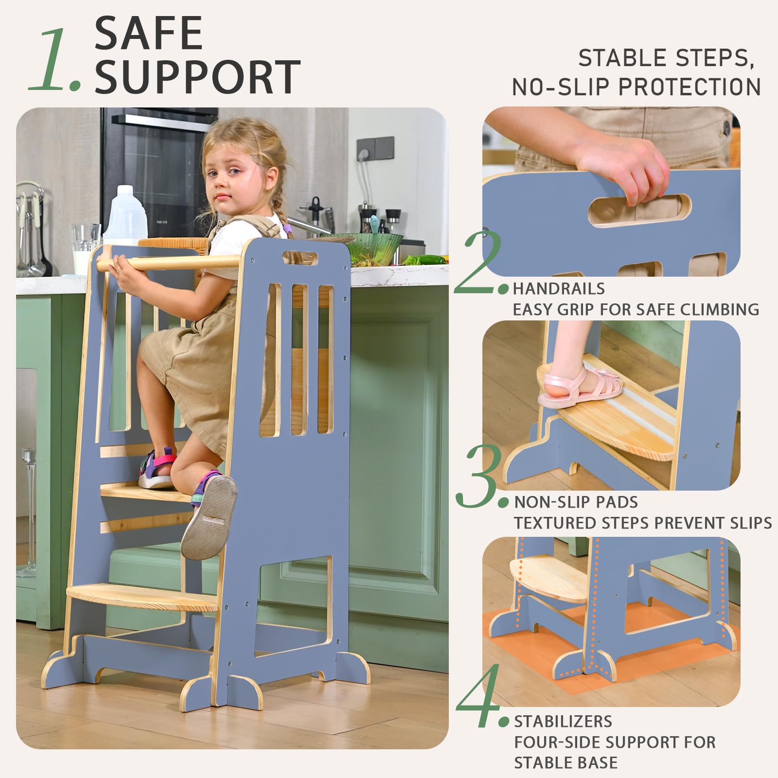WINGYZ Toddler Tower shows the 3 height-adjustment levels for growth.