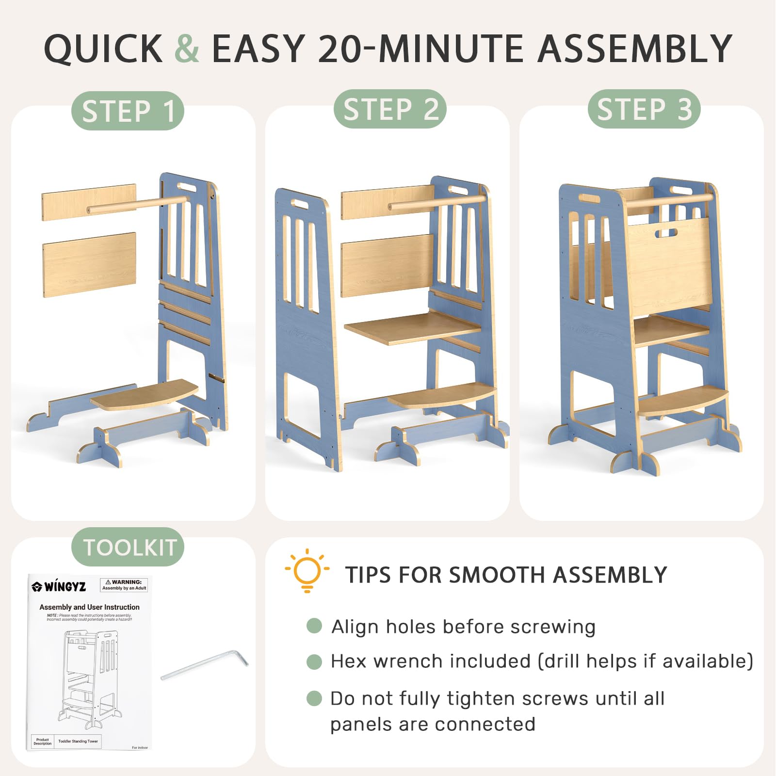 WINGYZ Toddler Tower assembly tools included for quick setup.