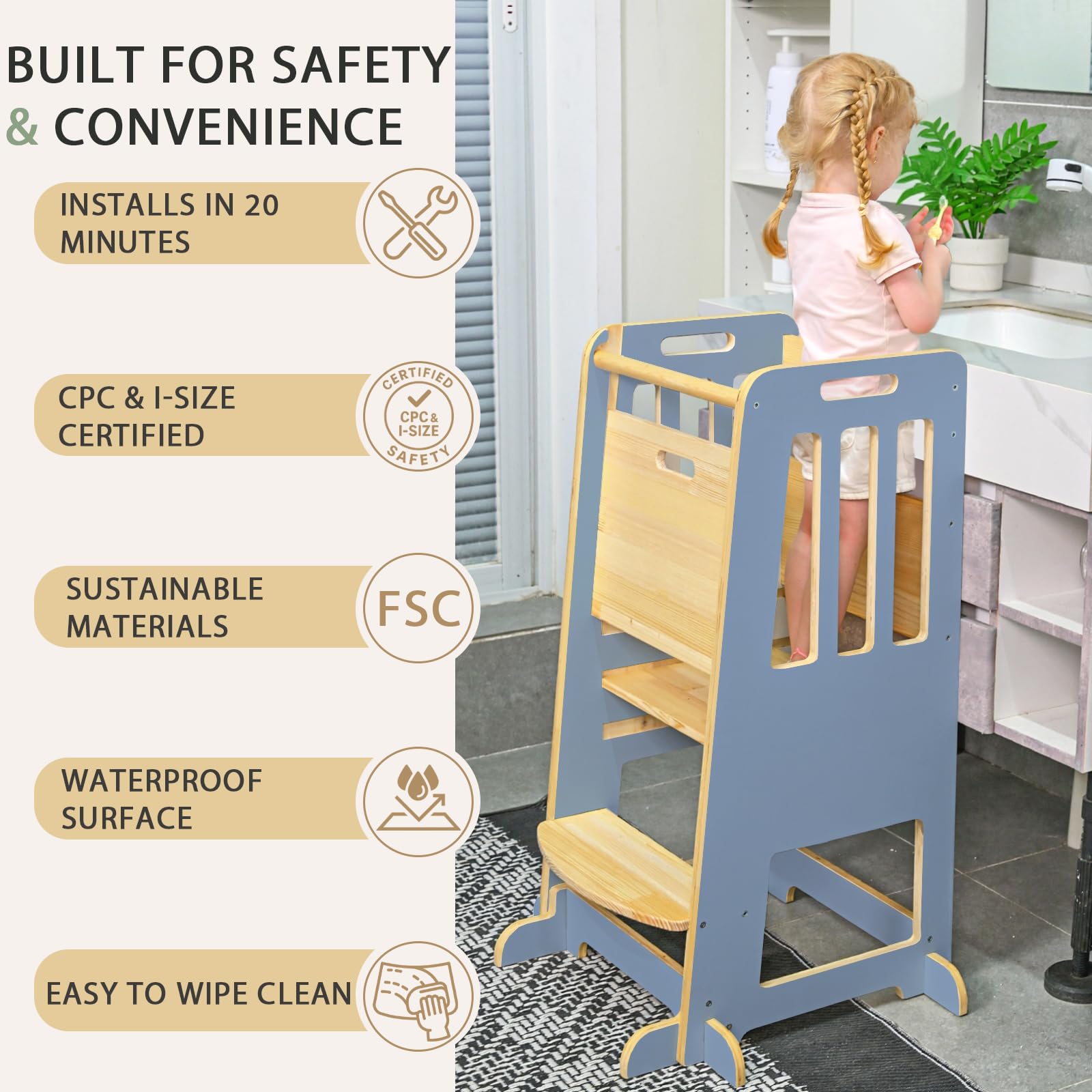 WINGYZ Toddler Tower full support feet stabilize on uneven floors.