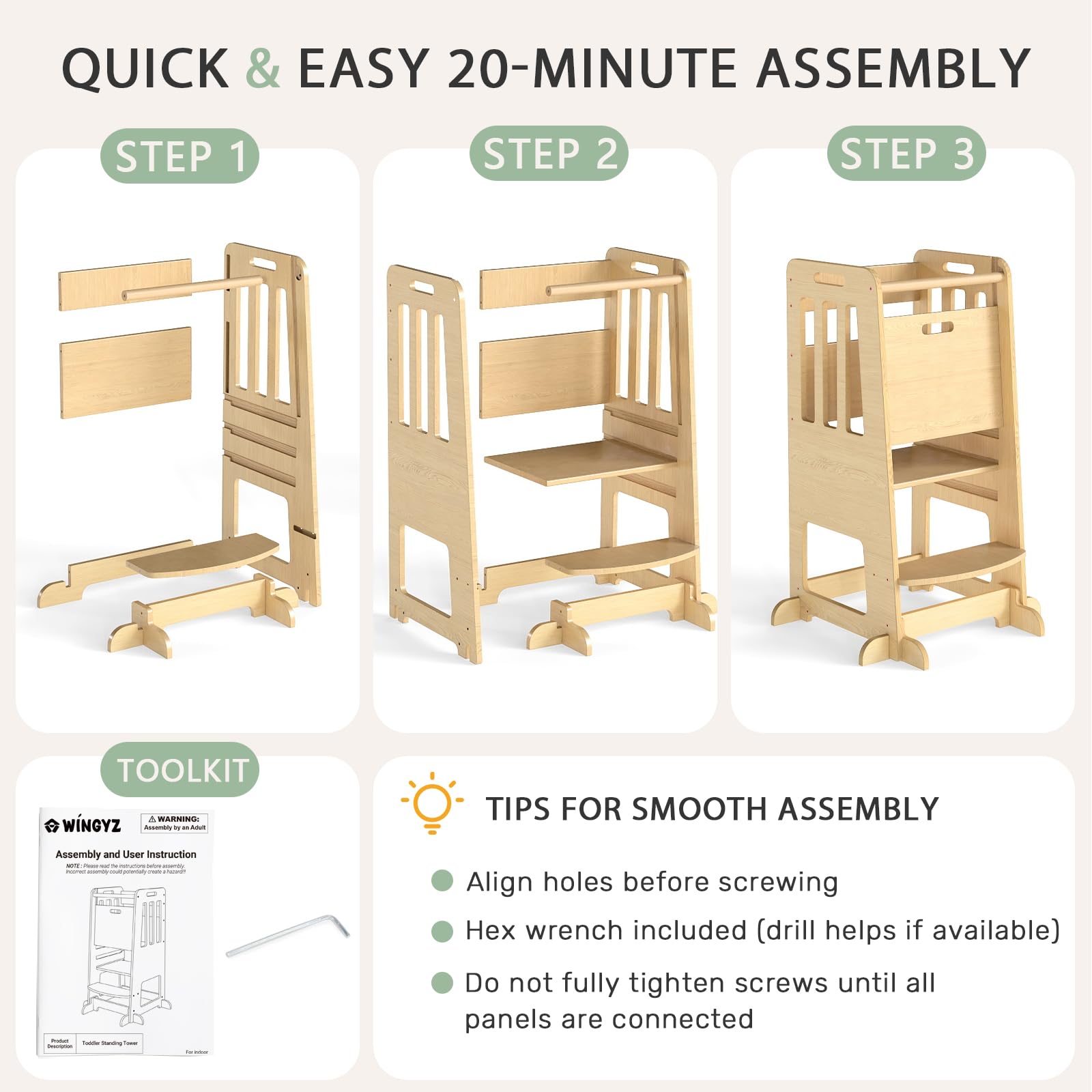 Wingyz Toddler Tower fully assembled image shows kitchen-height usability.