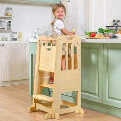 Wingyz Toddler Tower side view highlights sturdy wooden frame for safe reaching.