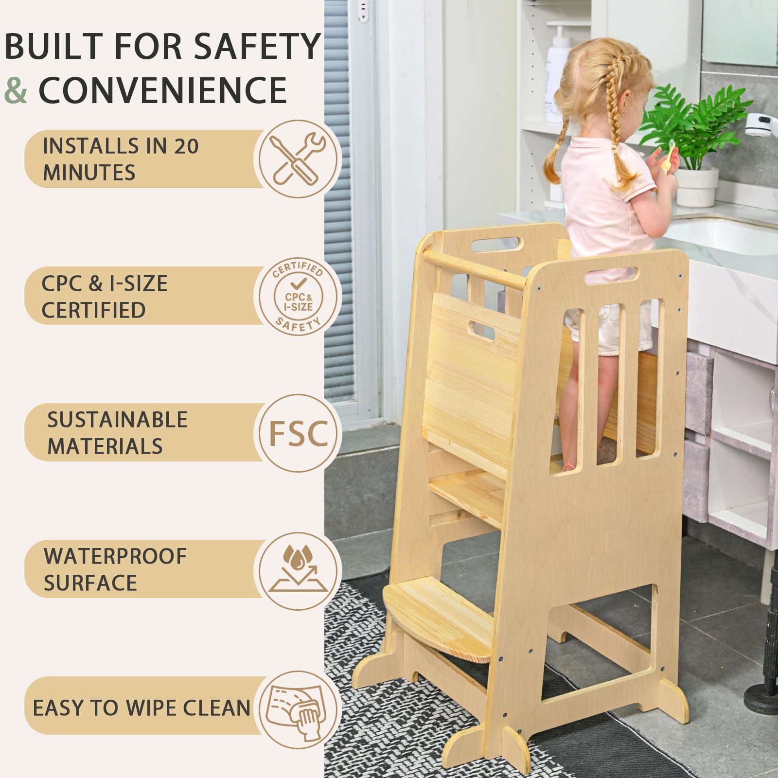Wingyz Toddler Tower wood grain finish highlights natural material appeal.