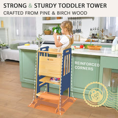 Wingyz Toddler Tower wood panel construction for sturdy daily use.
