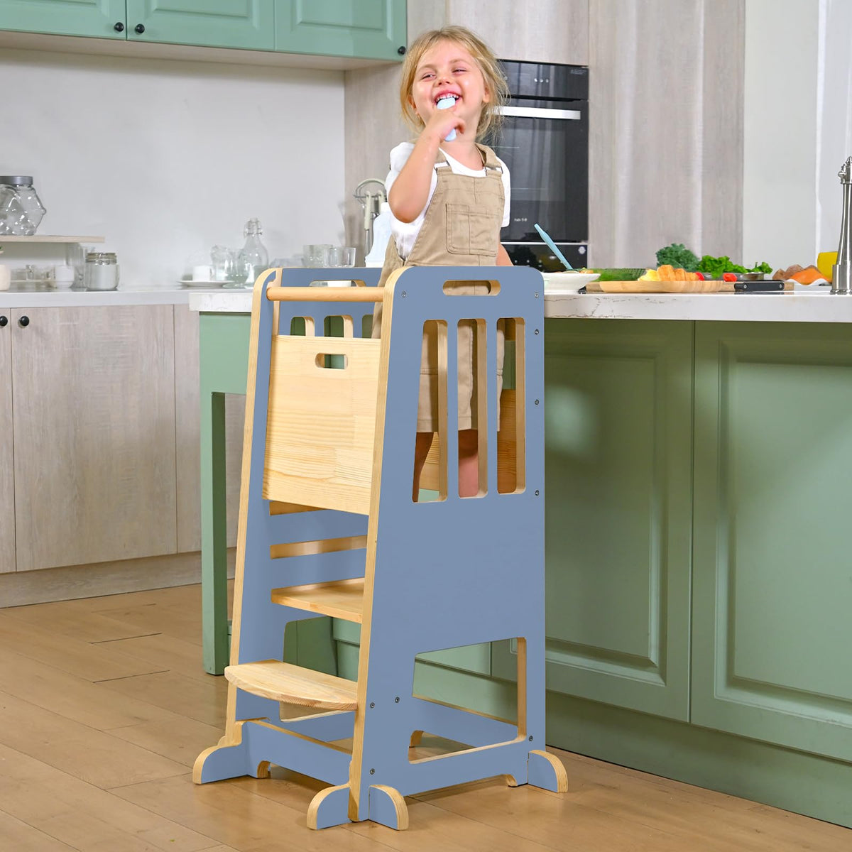 WINGYZ Toddler Tower with wooden frame, sturdy height for learning by the counter.