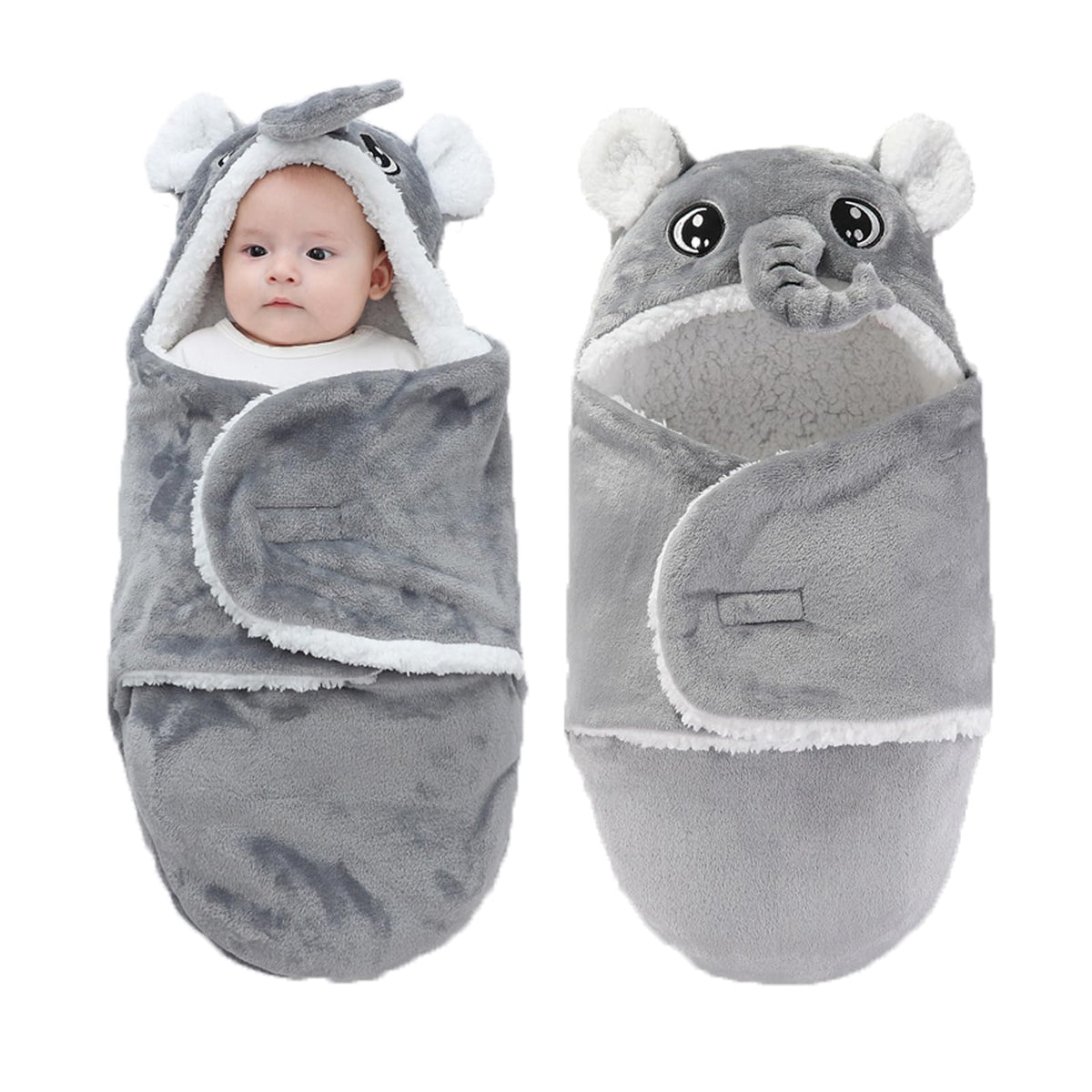 Winmany baby hooded swaddle in grey elephant for 0-3 months; extra warmth and cozy wrap.