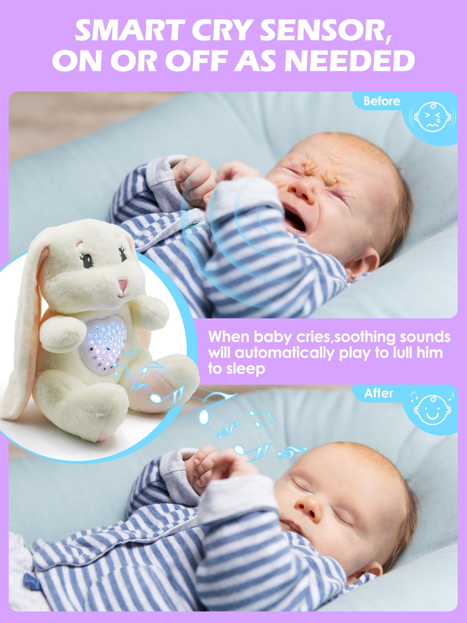 Winoon 15 soothing sounds including lullabies and white noise for comfort.