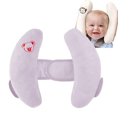 Winsation purple travel pillow secured with harness strap in stroller.