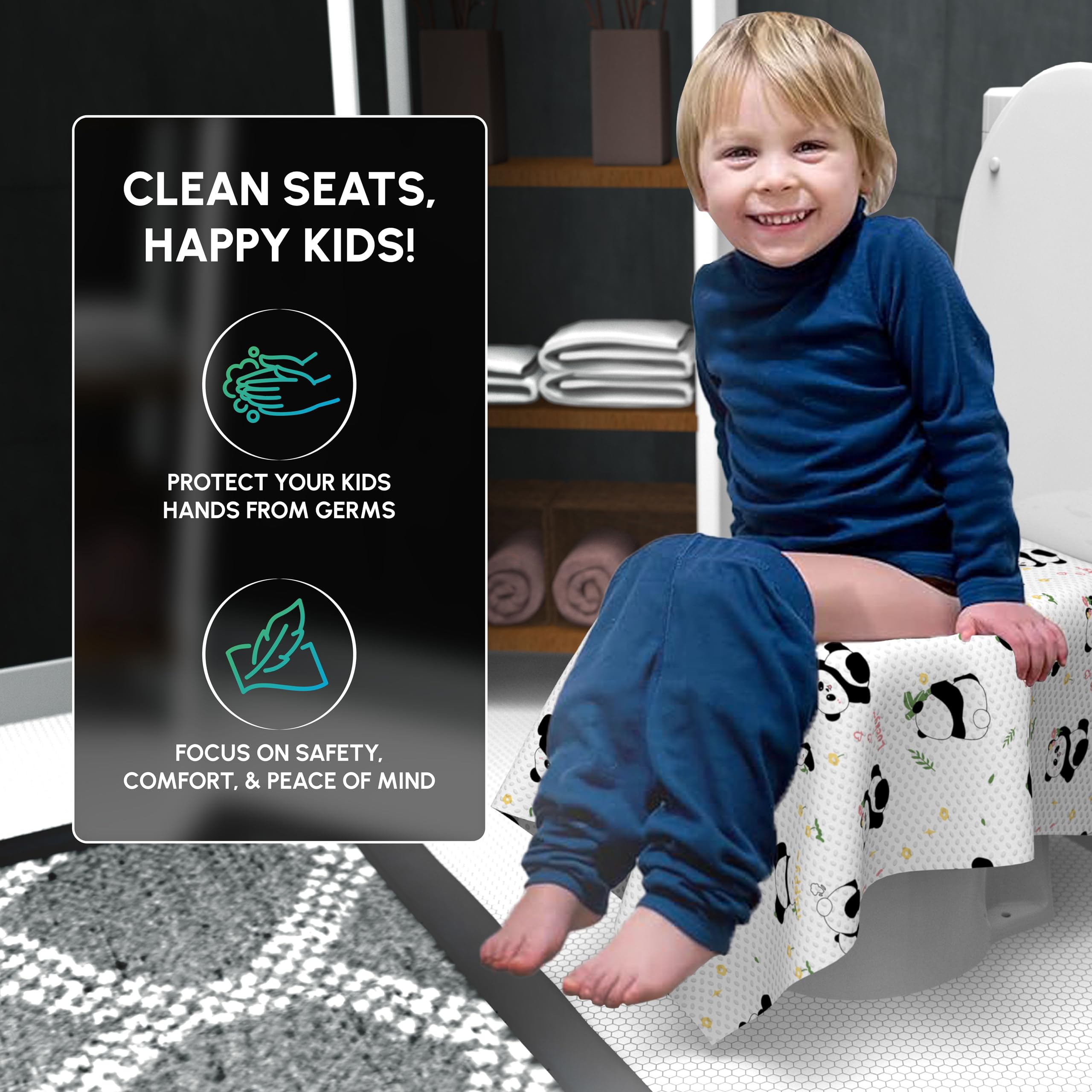 WIPEOUTX panda design supports kid-friendly potty training and stress-free visits.