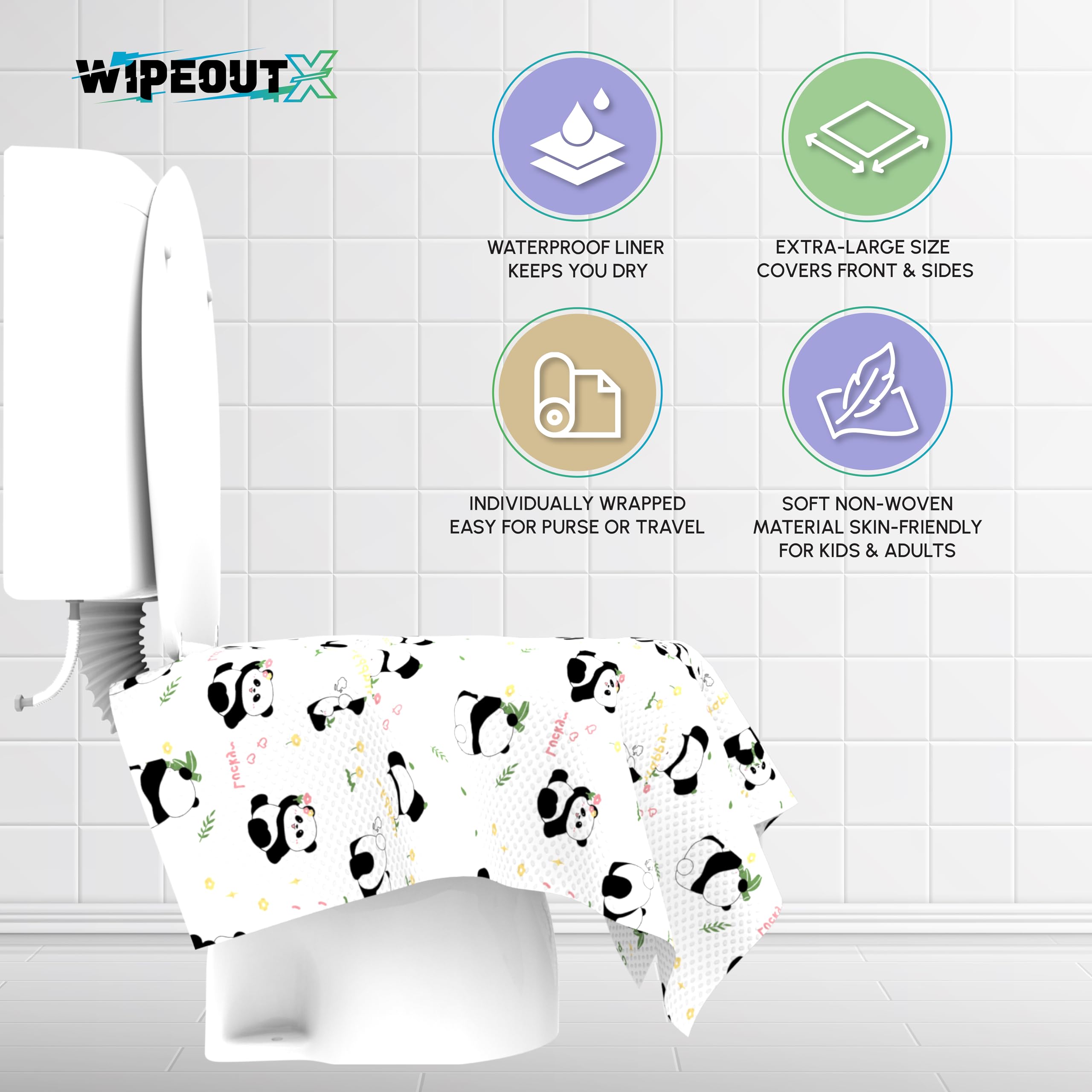 WIPEOUTX XL 23x25 seat cover shown on a standard toilet for full protection.