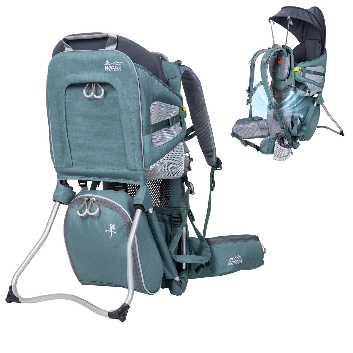 WIPHA Baby Backpack Carrier with aluminum frame on trail provides stable support.