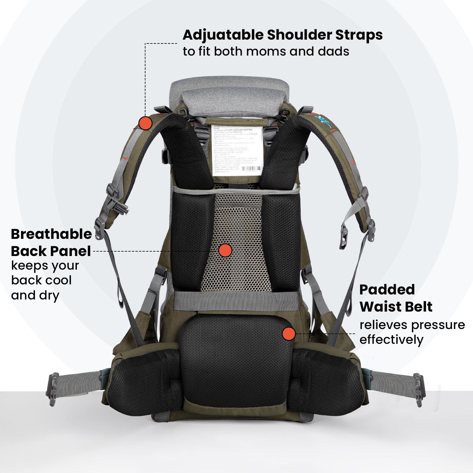 WIPHA ergonomic carrier with adjustable padded seat for growing child.