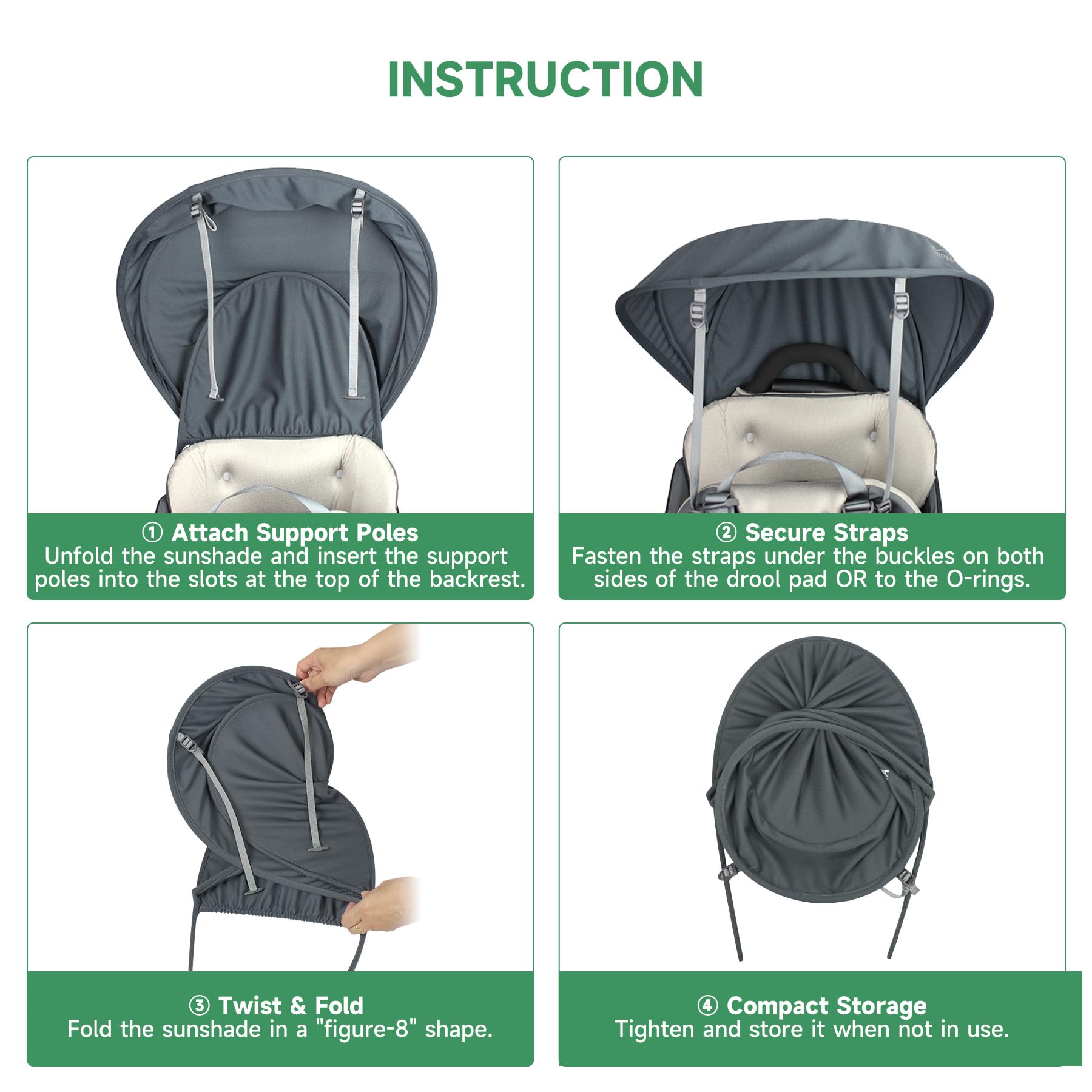 WIPHA sun shade shows secure rods and straps keeping shade stable during movement.