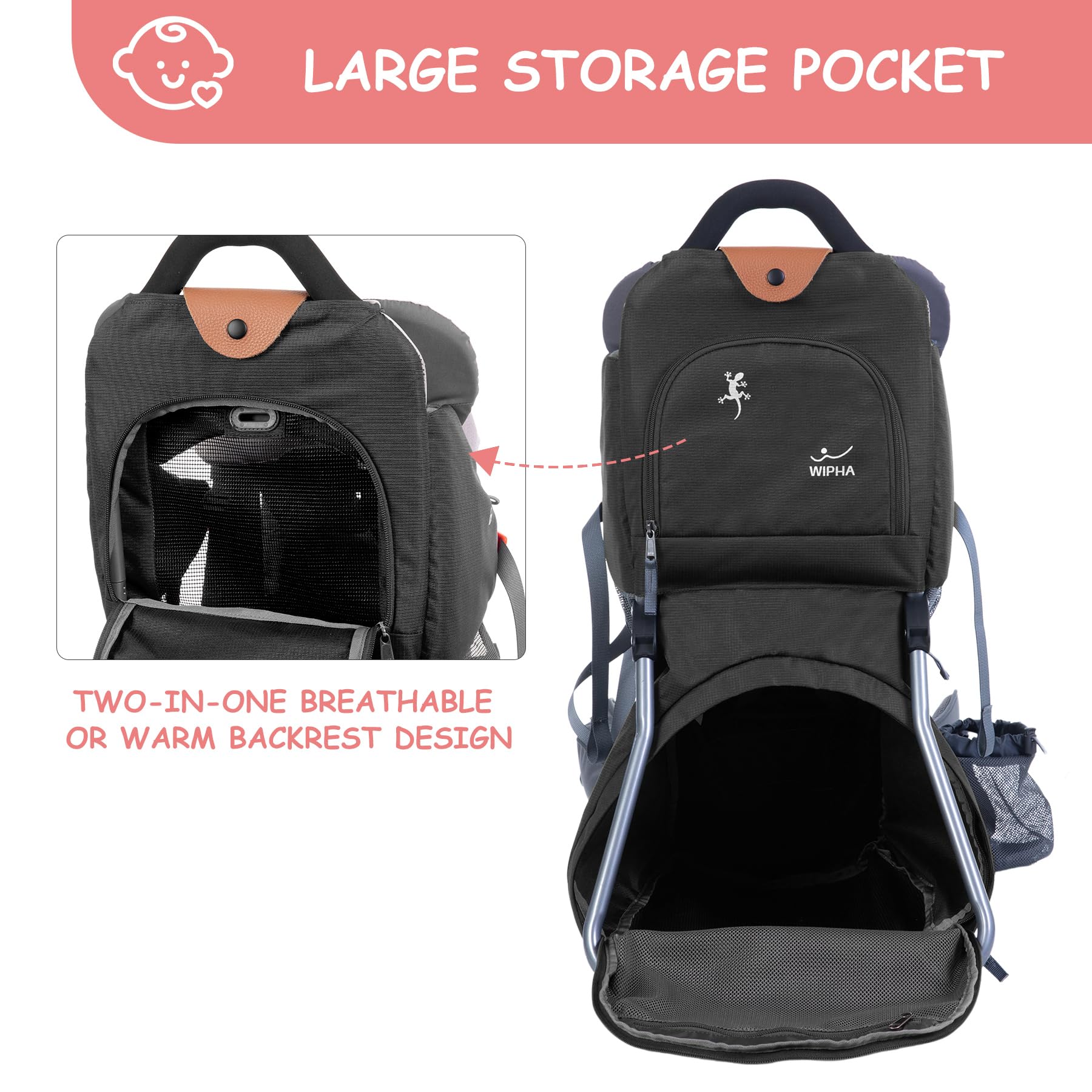 WIPHA wide padded waist belt reduces shoulder strain.