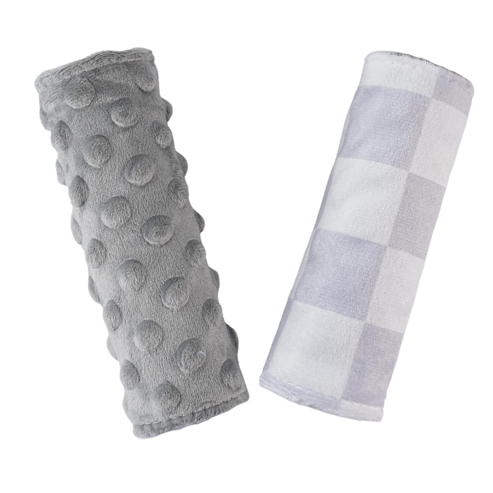 Wirein baby car seat strap pad in gray checkered protects delicate skin during travel