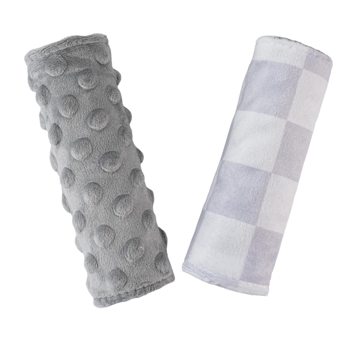 Wirein baby car seat strap pad in gray checkered protects delicate skin during travel