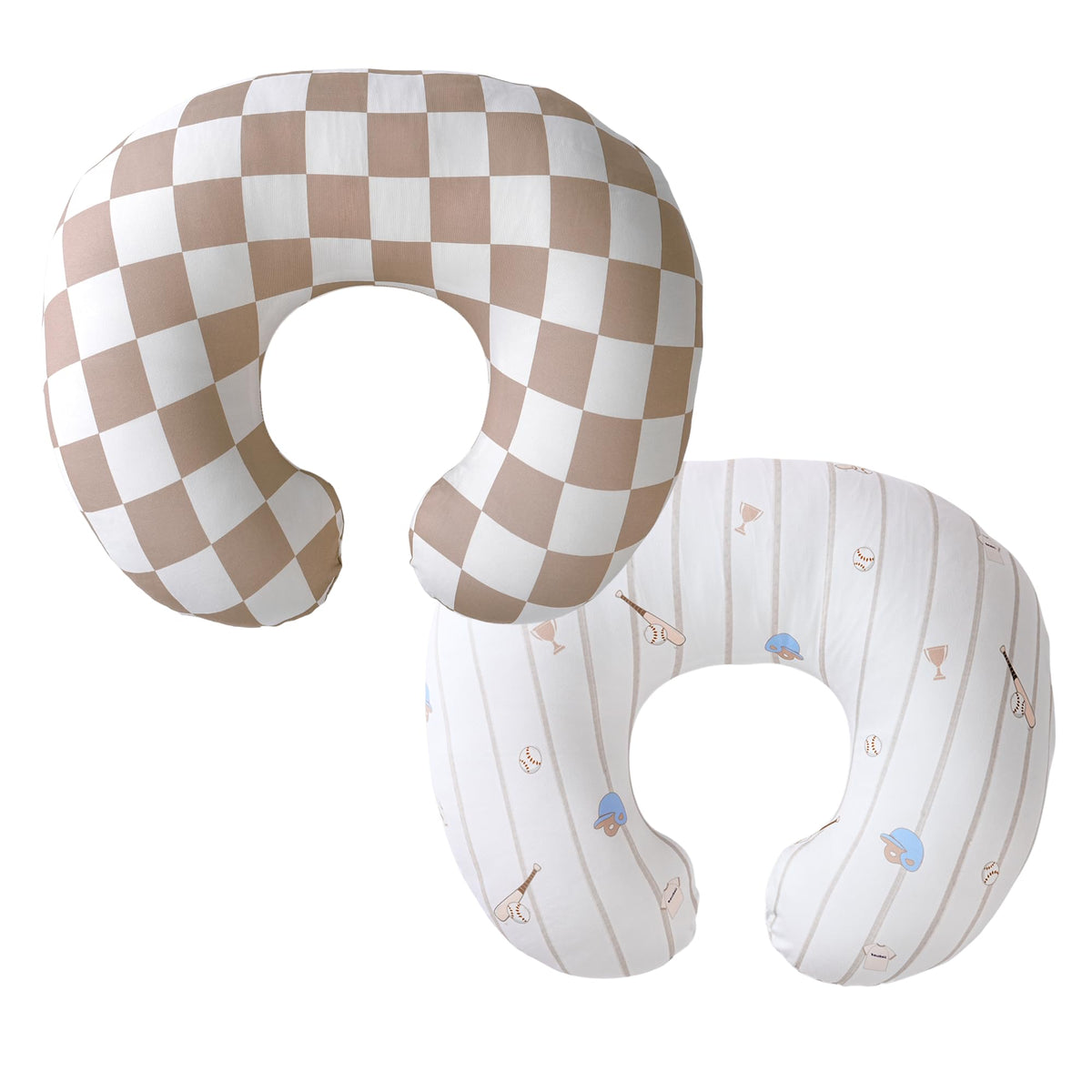 Wirein baseball brown checkered pillow cover on nursing pillow for feeding sessions