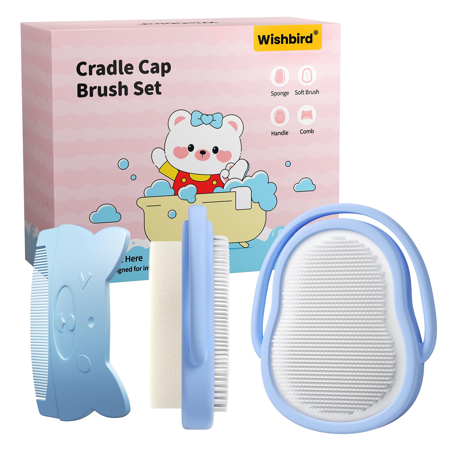 Wishbird baby bath time kit supports soothing scalp care.
