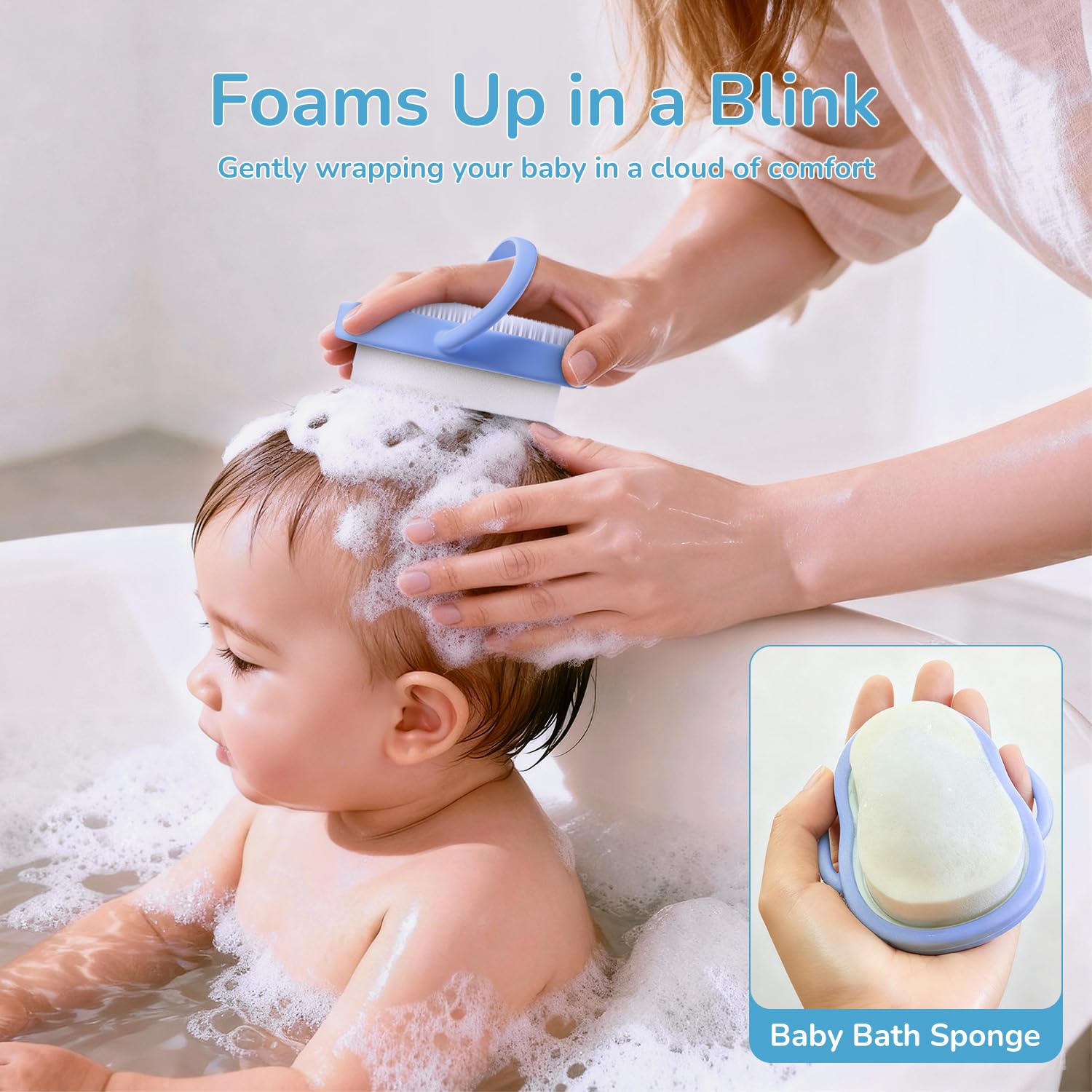 Wishbird foam sponge provides gentle cleansing on tiny scalps.