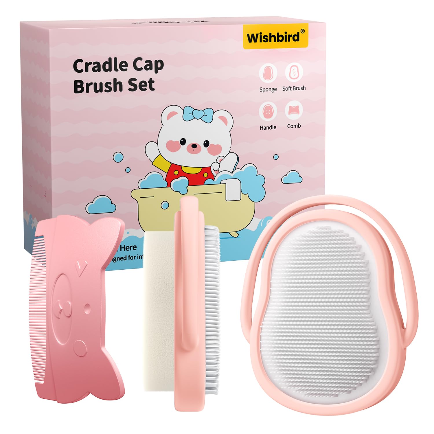 Wishbird soft-bristled brush closeup demonstrates gentle hair cleansing.