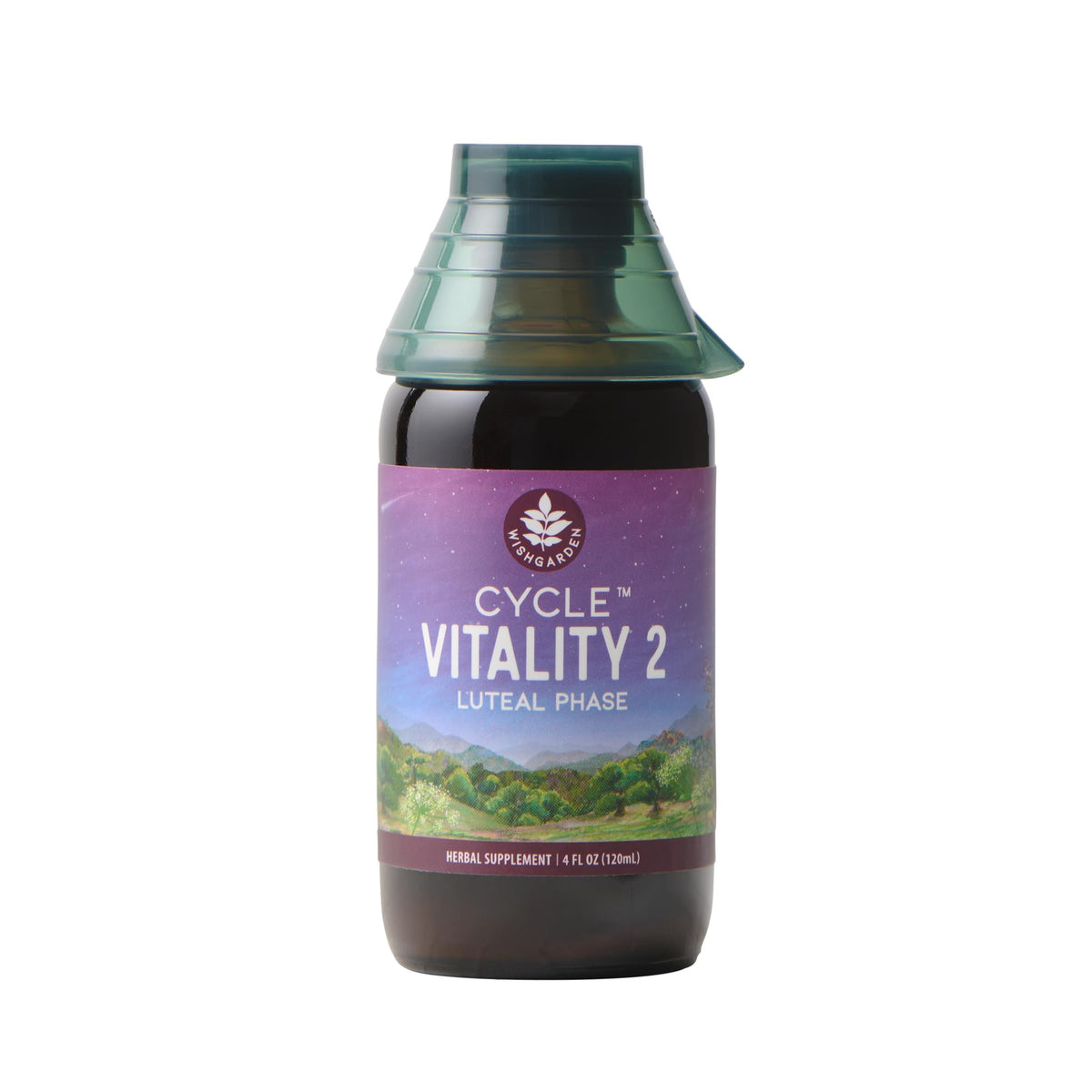 WishGarden Cycle Vitality bottle—plant-based luteal support in a compact bottle.