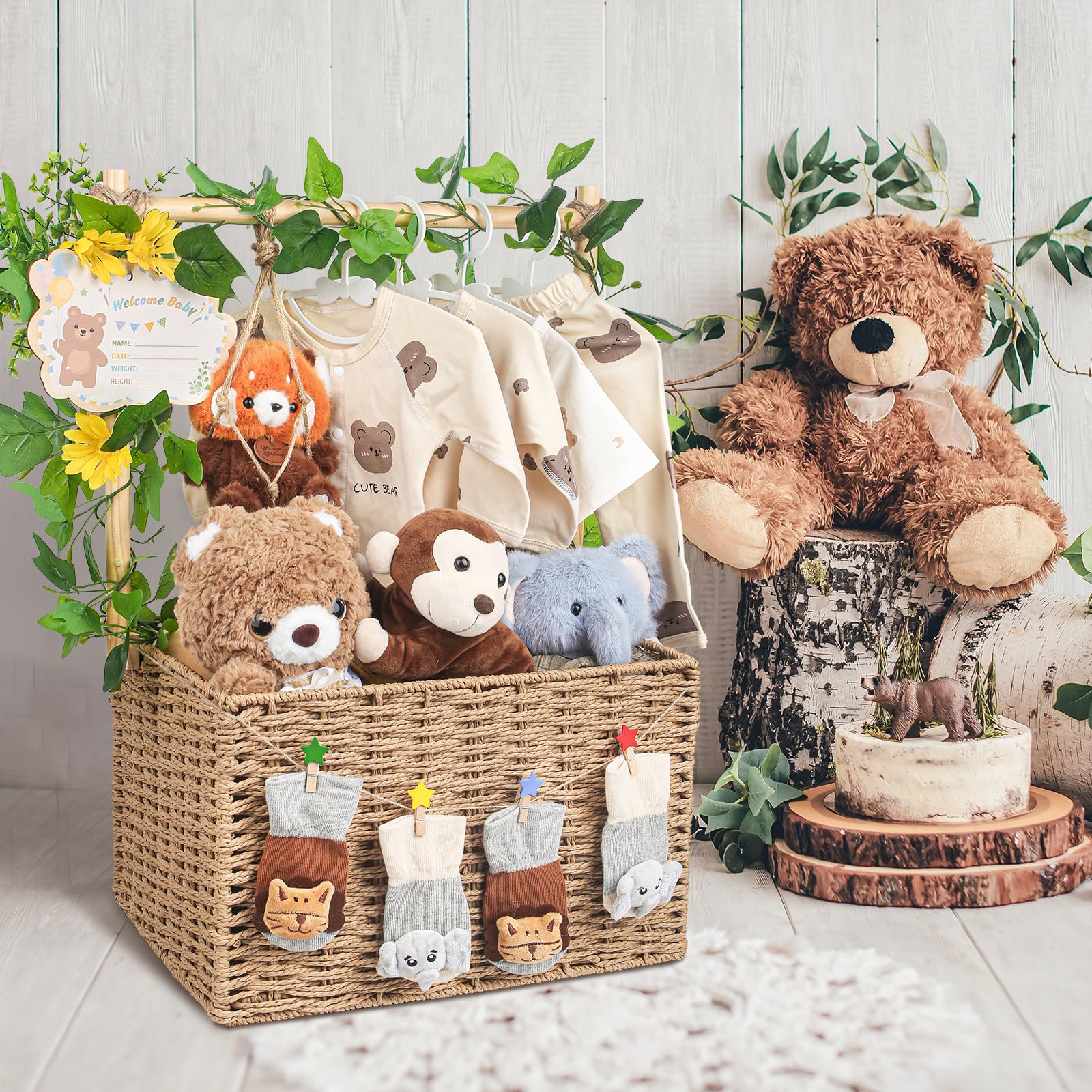 Wisreach dry storage in natural materials keeps nursery items organized.