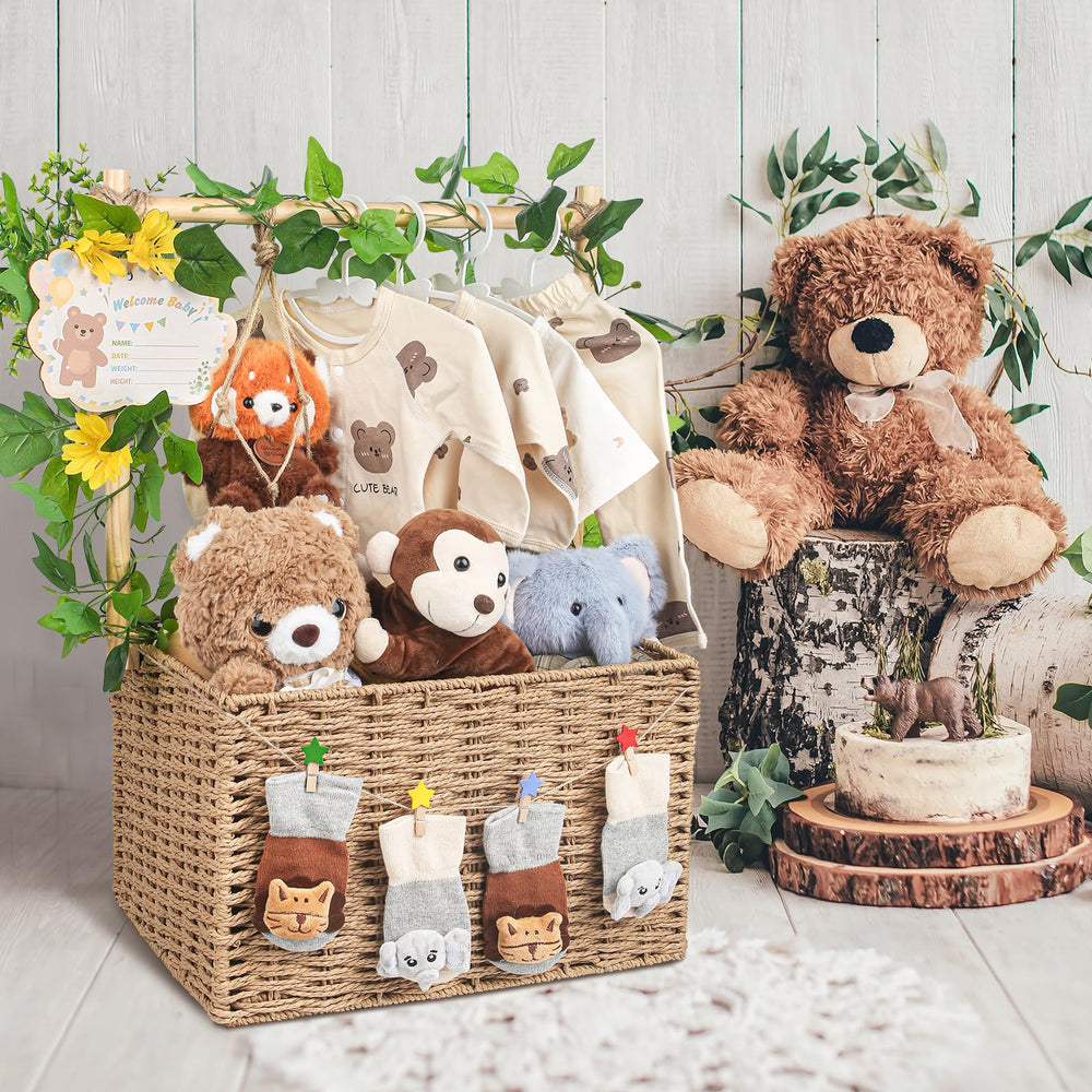 Wisreach dry storage in natural materials keeps nursery items organized.