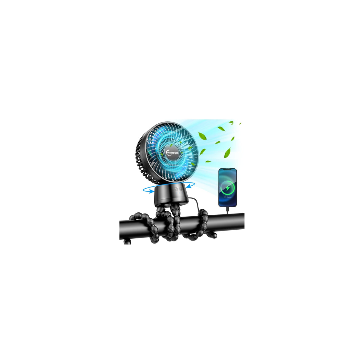 WITHOUSE 20000mAh stroller fan with auto-oscillation delivers gentle air circulation for baby comfort