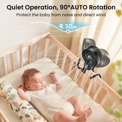 Extended anti-slip tripod keeps the fan securely attached to stroller, crib, or car seat
