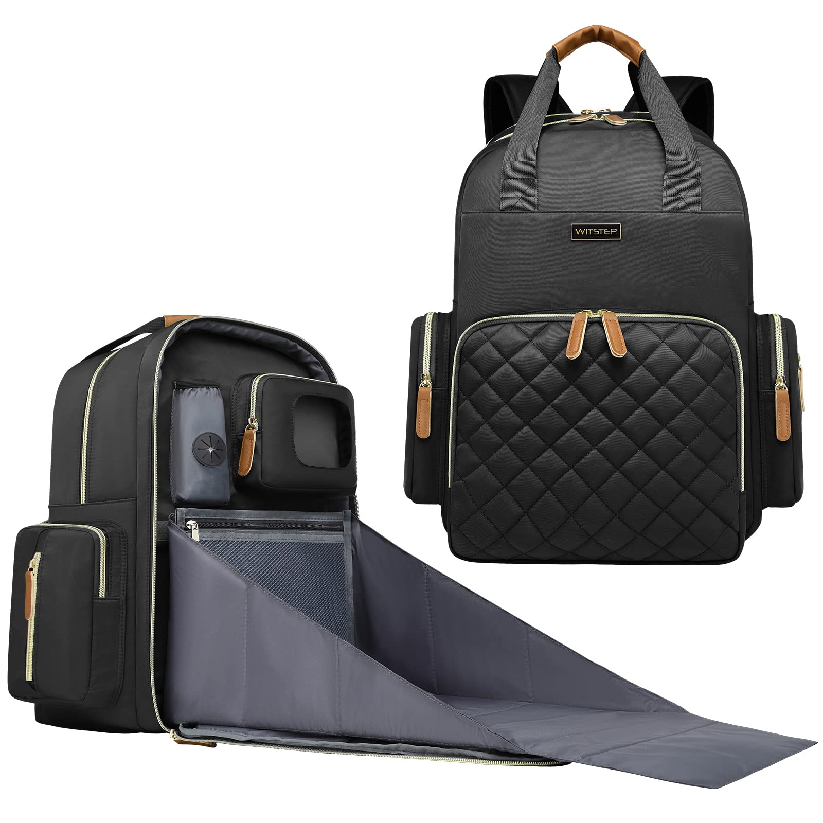 WITSTEP black diaper bag laptop backpack shows organized interior for baby and work use