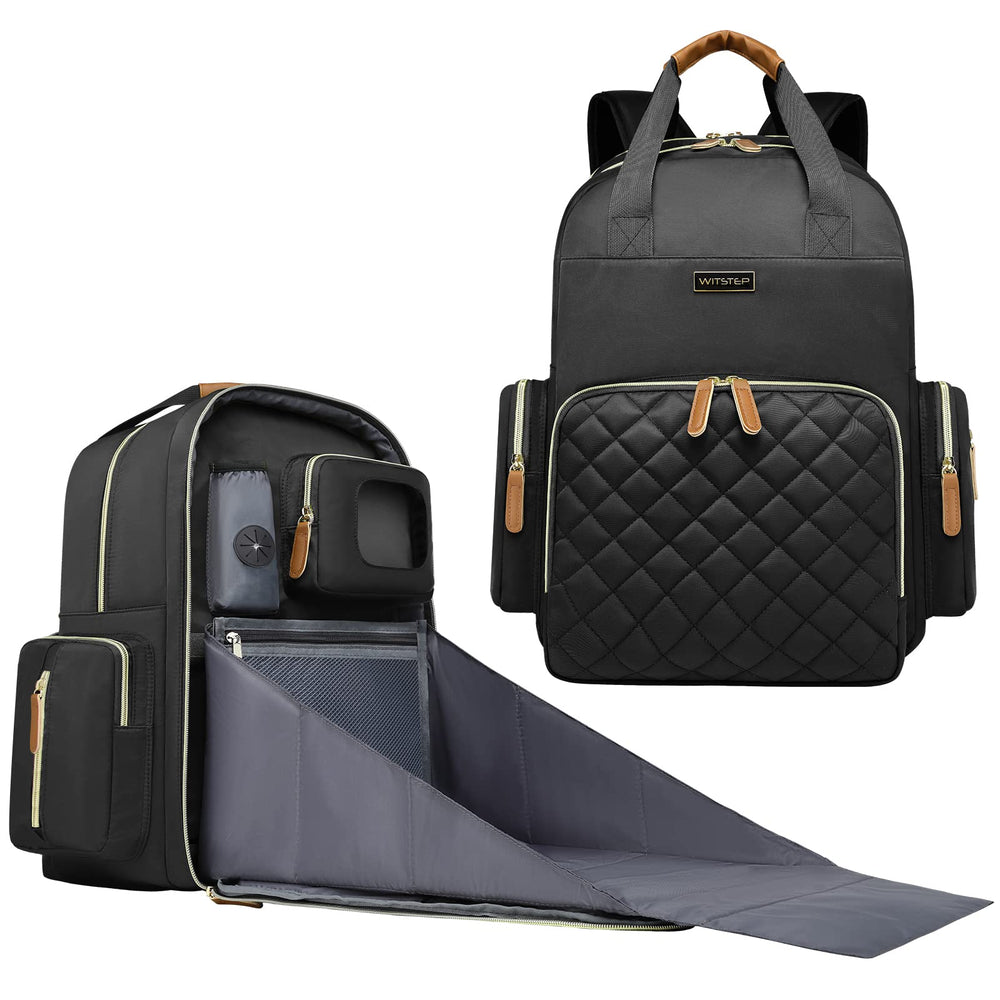 WITSTEP black diaper bag laptop backpack shows organized interior for baby and work use