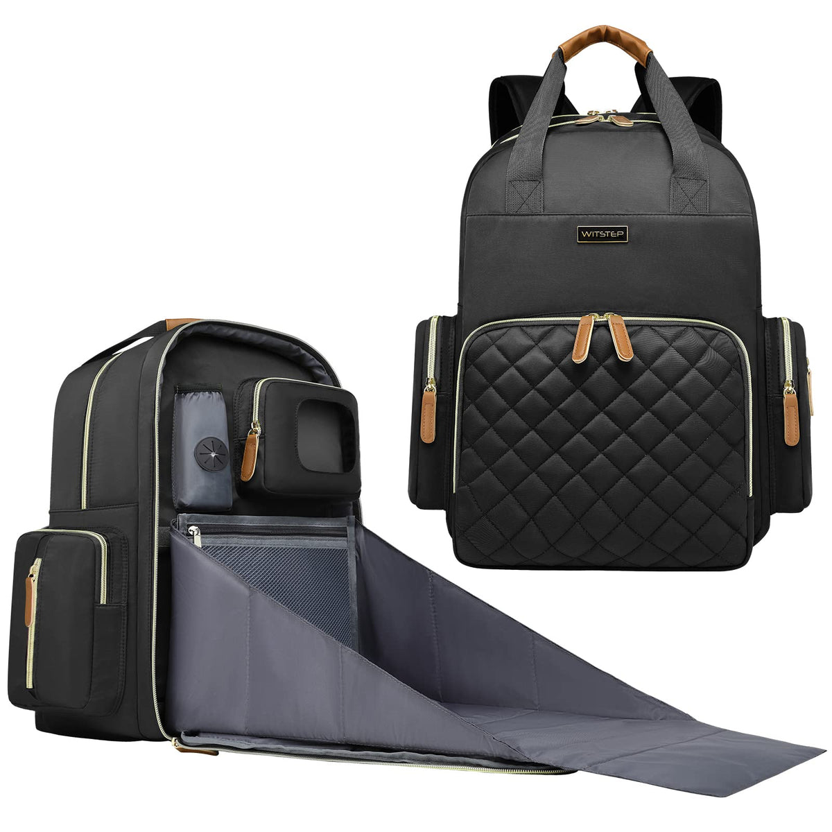WITSTEP black diaper bag laptop backpack shows organized interior for baby and work use