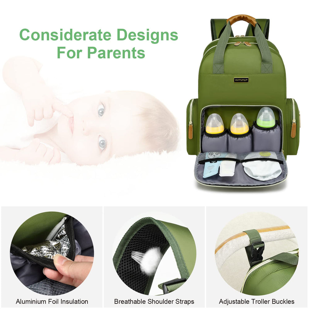 Main compartment fits a laptop alongside baby items.