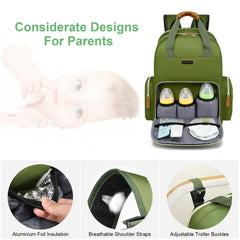 Main compartment fits a laptop alongside baby items.