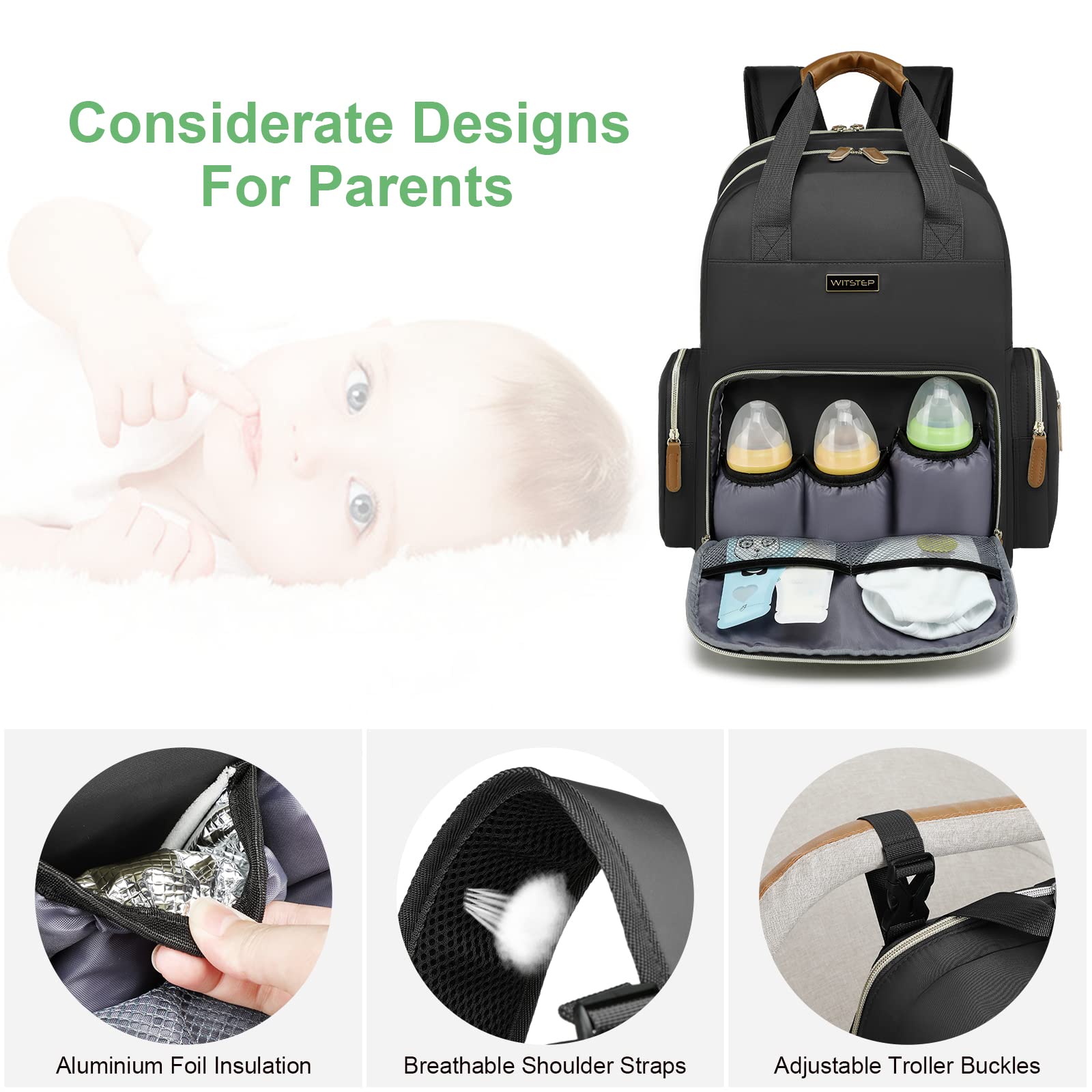 WITSTEP main compartment with laptop sleeve stores devices and baby essentials
