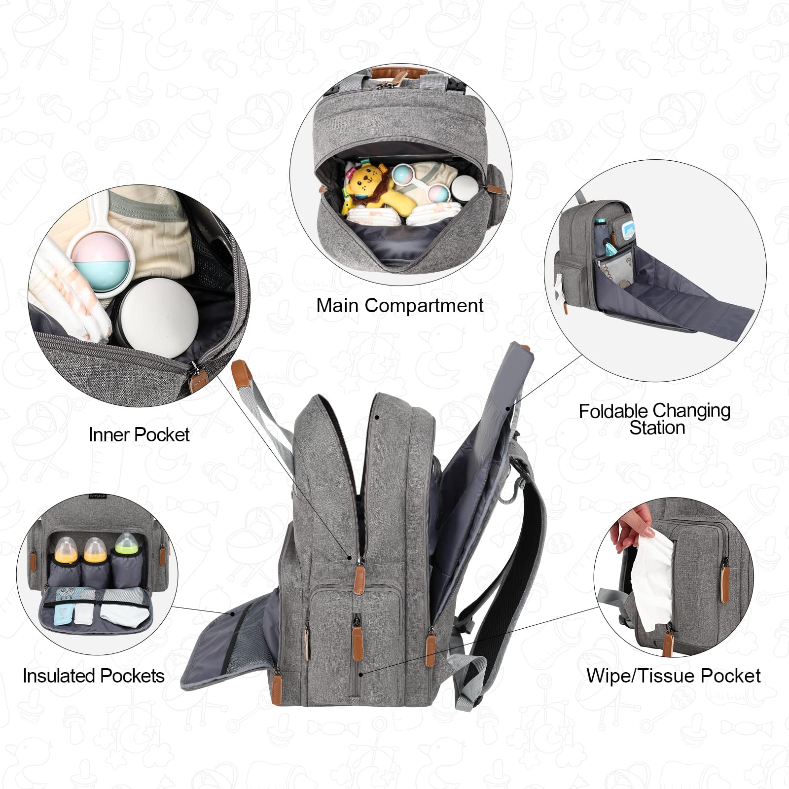 WITSTEP diaper bag side-tissue-pocket for quick access during changes