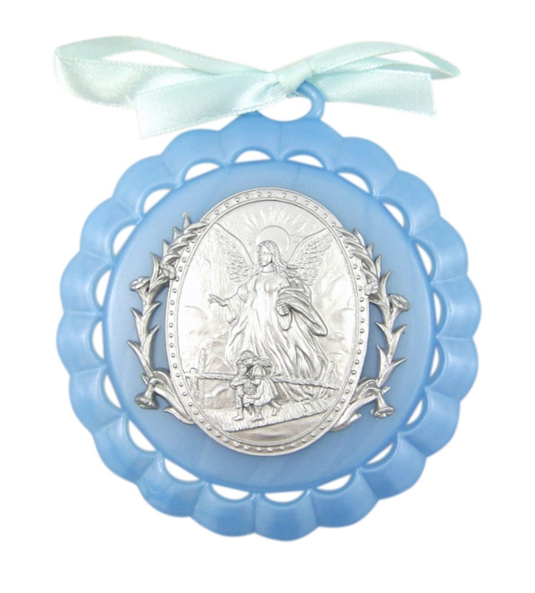 WJH guardian angel blue crib medal enhances a baby boy's nursery with a calming focal point.