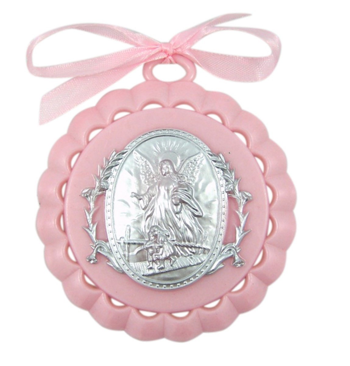 WJH moulded acrylic pink crib medal with guardian angel for baby girl decor