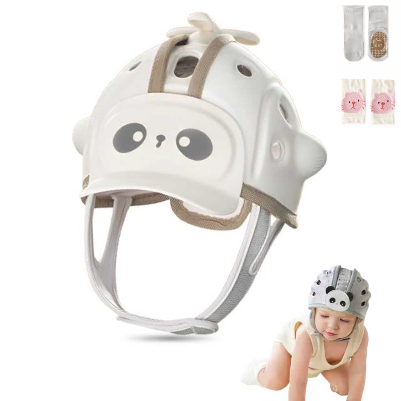 WKC Baby head protection helmet on a toddler for ultra-light comfort during crawling