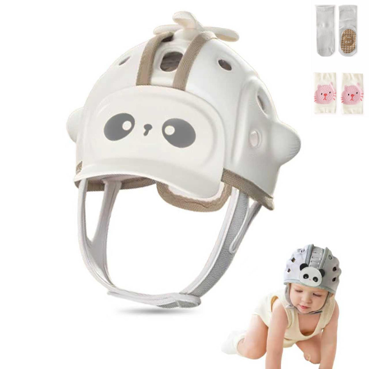 WKC Baby head protection helmet on a toddler for ultra-light comfort during crawling