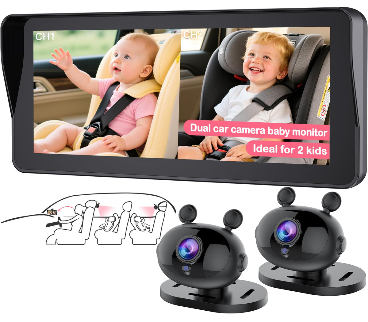 Wkzay dual baby car camera with 6.9-inch display for real-time split-screen viewing.