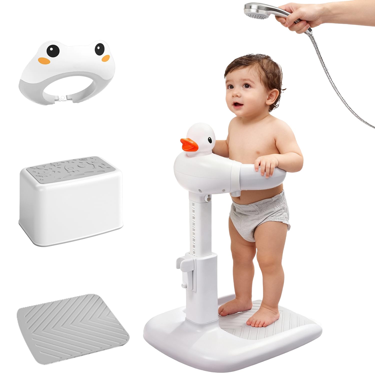 Wmaiwei anti-slip base on baby shower stand ensures safe baths up to 33 lb.