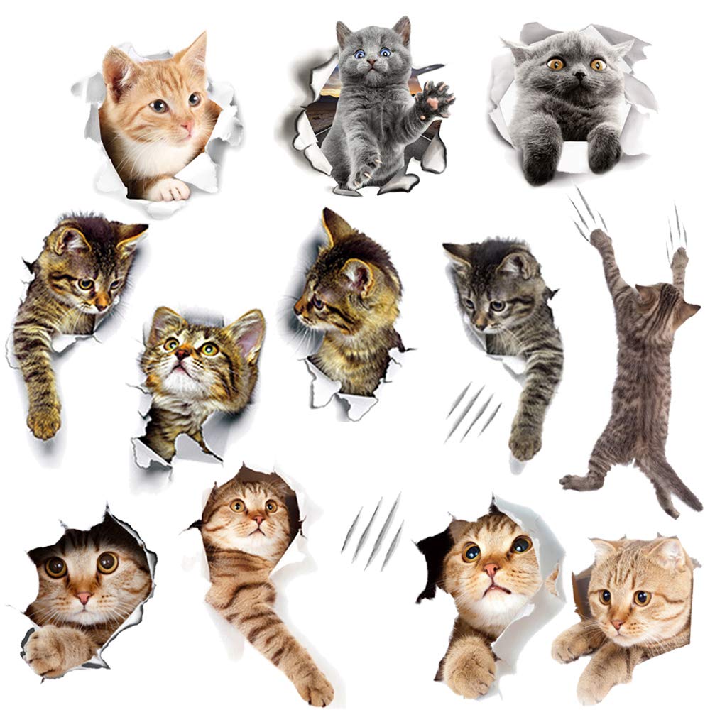 WMdecal 12pcs removable 3D cat stickers on wall for bright spaces.