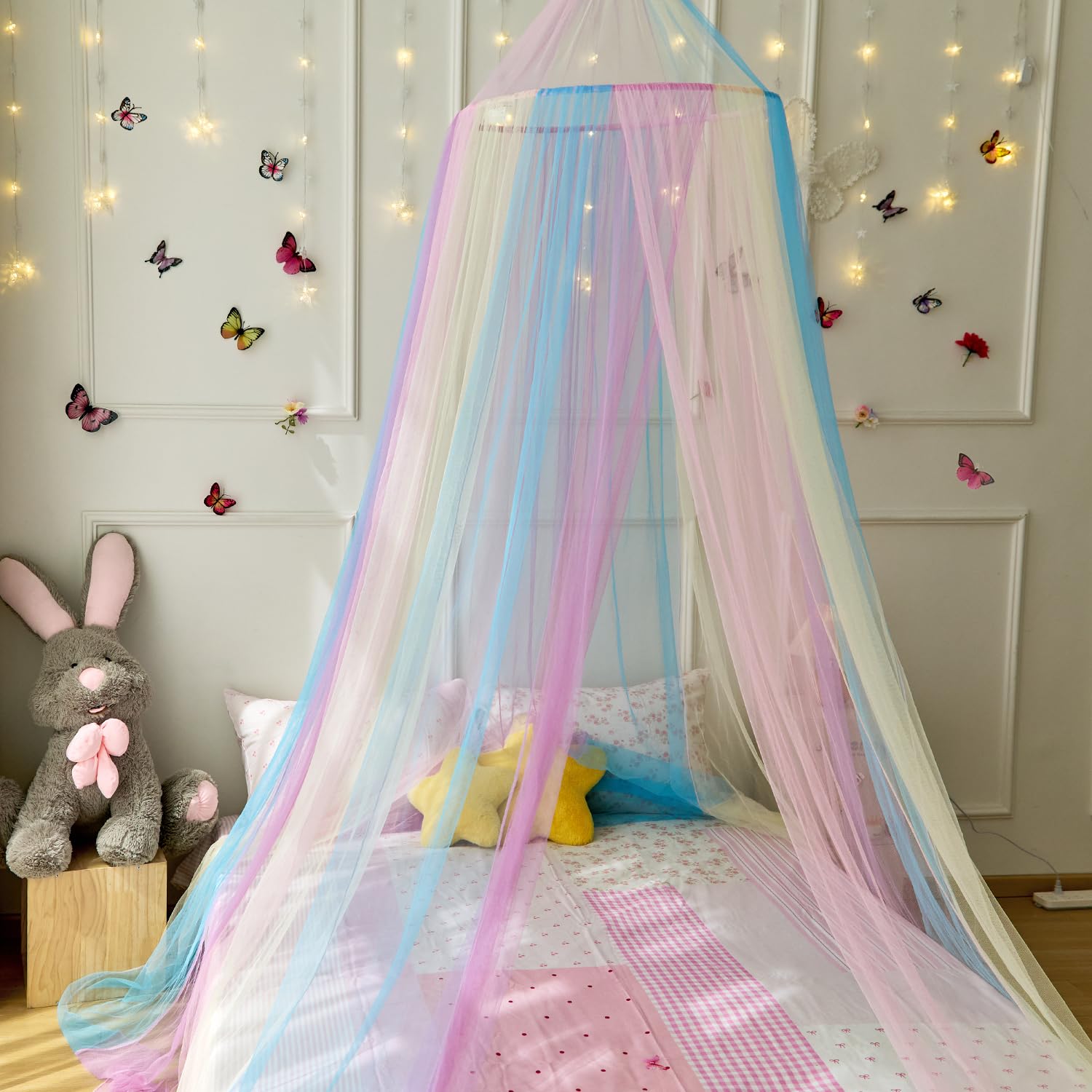 Wnqou Rainbow Bed Canopy fabric close-up shows soft, durable polyester for daily use